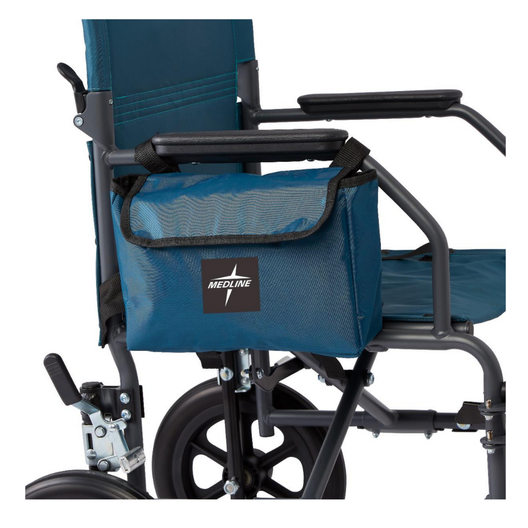 A close-up of a blue Medline wheelchair features the Medline Side Bag for Transport Chairs & Wheelchairs, a blue nylon accessory with flap and handle, mounted conveniently near the armrest and black wheels.
